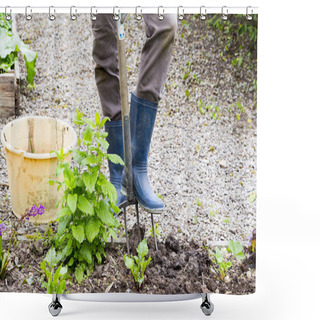 Personality  Mature Woman Hand With Gloves Taking Out Weeds Plants From Earth And Using Fork. Authentic Gardening Scene In Spring Time. Shower Curtains