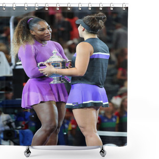 Personality  NEW YORK - SEPTEMBER 7, 2019: Finalist Serena Williams (L) And 2019 US Open Champion  Bianca Andreescu Of Canada During Trophy Presentation At Billie Jean King National Tennis Center In New York Shower Curtains