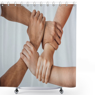 Personality  Cropped View Of Multiethnic Men Doing Unity Gesture Isolated On Grey Shower Curtains