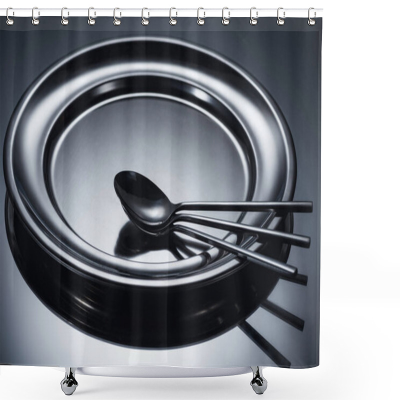 Personality  Three Spoons Arranged On Shiny Metal Tray On Grey  Shower Curtains