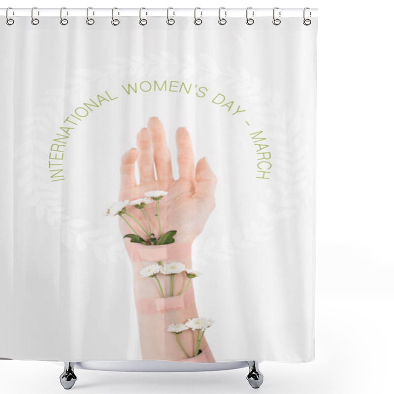 Personality  Cropped View Of Woman With Wildflowers On Hand On White Background With International Womens Day Illustration  Shower Curtains