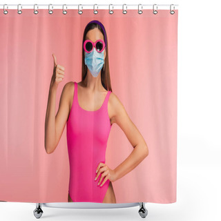 Personality  Front View Of Woman With Hand On Hip And Medical Mask Showing Like Sign Isolated On Pink Shower Curtains