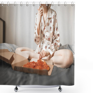 Personality  Girl In A Pajama Sits On The Bed In The Bedroom And Eats A Pizza From The Box. Cropped Photo Of A Woman With A Box Of Pizza On The Bed. Fast Food, Pizza Delivery. Shower Curtains