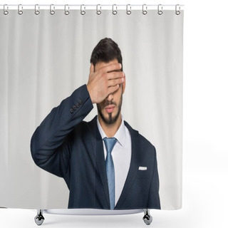 Personality  Young Businessman Closing Eyes With Palm Isolated On Grey Shower Curtains