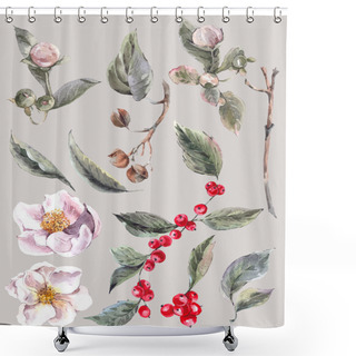 Personality  Set Of Isolated Watercolor Separately Leaves Flower Shower Curtains