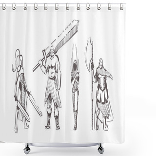 Personality  Sketch Drawing Of Warriors With Different Weapons Shower Curtains