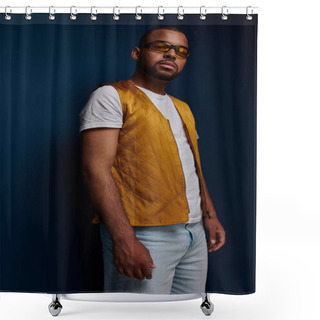 Personality  Young Stylish Man In Yellow Vest And Sunglasses Standing Still Looking At Camera, Fashion Concept Shower Curtains