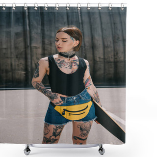 Personality  Young Attractive Tattooed Girl With Hand In Pocket Holding Skateboard At Street Shower Curtains