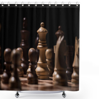 Personality  Wooden Chess Figures On Chessboard Isolated On Black, Business Concept Shower Curtains