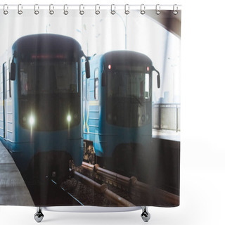 Personality  Front View Of Two Trains At Outdoor Subway Station  Shower Curtains