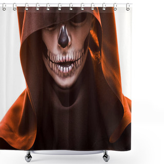 Personality  Woman With Skull Makeup In Death Costume Isolated On White Shower Curtains