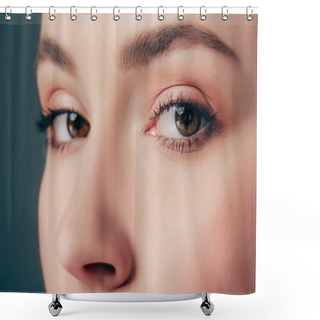 Personality  Close Up View Of Woman Looking At Camera Isolated On Grey Shower Curtains
