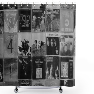 Personality  ATHENS, GREECE - AUGUST 29, 2018: Vintage Pop Rock Music Vinyl Record Album Cover Art Displayed At Record Store. Black And White. Shower Curtains