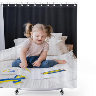 Personality  Happy Girl Drawing With Color Pencil Near Ribbon And Card With Blue And Yellow Heart  Shower Curtains