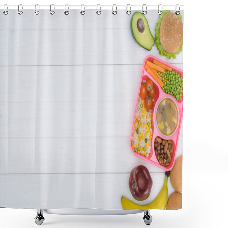 Personality  Top View Of Tray With Kids Lunch For School And Fruits On Wooden Table Shower Curtains