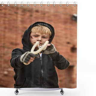 Personality  Portrait Of Street Boy Playing With Slingshot Shower Curtains