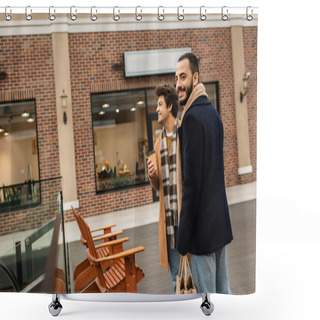 Personality  Stylish Gay Men With Shopping Bags And Coffee To Go Standing Near Benches And Shops On Urban Street Shower Curtains