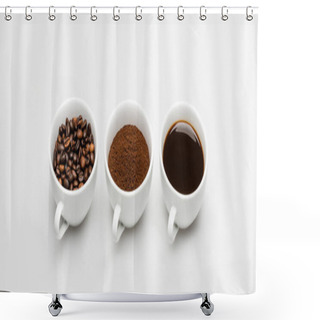 Personality  Cups With Prepared And Ground Coffee Near Beans On White, Banner Shower Curtains
