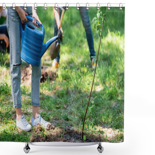 Personality  Cropped View Of Female Volunteer Watering New Tree Shower Curtains
