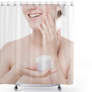 Personality  Woman Applying Moisturizer Cream On Face Shower Curtains
