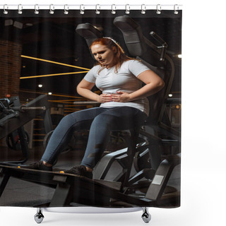 Personality  Tired Overweight Girl Touching Belly While Sitting On Training Machine Shower Curtains