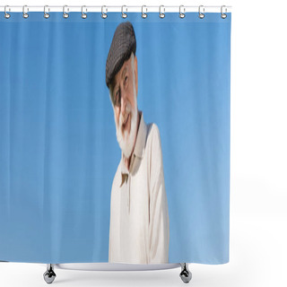 Personality  Happy Senior Man In Flat Cap Looking At Camera Against Blue Sky, Banner Shower Curtains