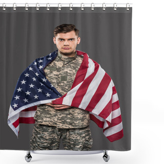 Personality  Handsome Man In Military Uniform With American Flag Isolated On Grey  Shower Curtains