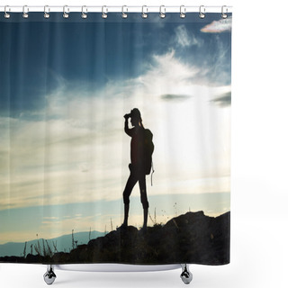 Personality  Silhouette Of The Girl Looking In A Distance Against A Decline Shower Curtains