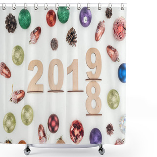 Personality  Top View Of Wooden Numbers With Date Symbolizing Change From 2018 To 2019 With Christmas Decorations Isolated On White Shower Curtains