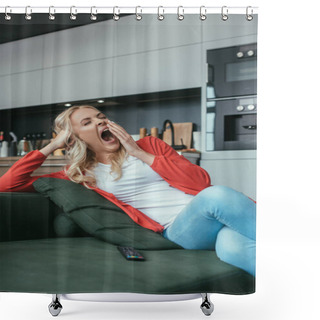 Personality  Sleepy Woman Covering Mouth With Hand While Yawning On Sofa Near Tv Remote Controller Shower Curtains