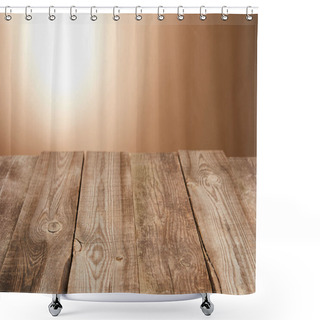Personality  Empty Wooden Table On Brown Background With Flashlight Shower Curtains
