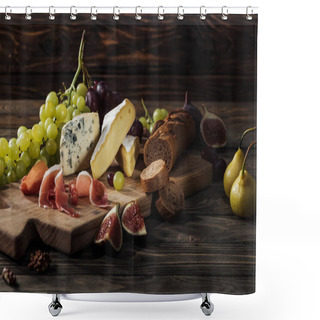 Personality  Different Types Of Cheeses, Prosciutto And Baguette On Cutting Board Shower Curtains