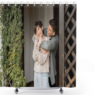 Personality  Positive Young Man Hugging Cheerful Middle Aged Mother And Standing On Porch Of House During Parents Day Celebration In June, Family Traditions And Celebrations Concept, Special Occasion Shower Curtains