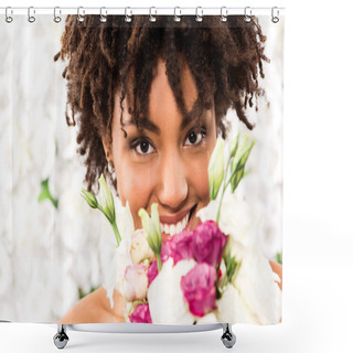 Personality  Selective Focus Of Cheerful African American Bride Looking At Camera While Holding Flowers  Shower Curtains