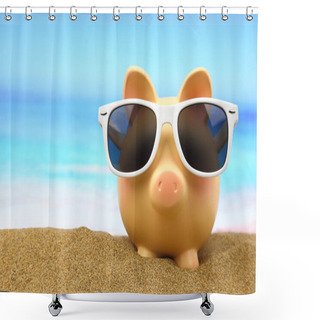 Personality  Summer Piggy Bank With Sunglasses On The Beach Shower Curtains