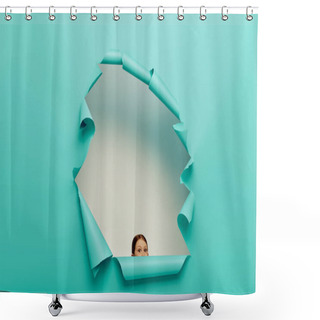 Personality  Shocked Redhead Preteen Girl Looking At Camera Through Blue Torn Paper Hole On White Background, International Child Protection Day Concept  Shower Curtains