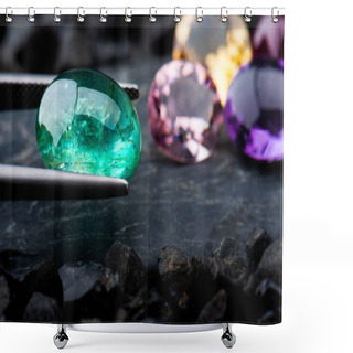 Personality  The Emerald Gemstone Jewelry Photo With Black Stones And Dark Lighting. Shower Curtains
