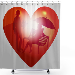 Personality  Illustration Young Couple On A Bench. Valentines Day Shower Curtains