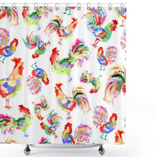 Personality  Watercolor Greeting Card With The Roosters Shower Curtains