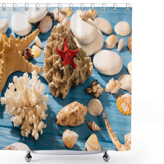 Personality  Red Starfish, Coral And Seashells On Wooden Blue Background Shower Curtains