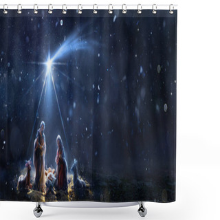 Personality  Nativity Of Jesus With Comet Star - Scene With The Holy Family In Snowy Night And Starry Sky - Abstract Defocused Background Shower Curtains