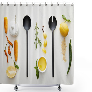Personality  Top View Of Kitchenware, Vegetables And Herbs On Marble Background Shower Curtains
