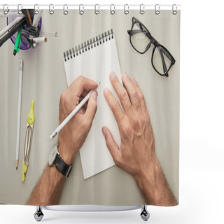 Personality  Cropped View Of Man Writing In Notebook Near Glasses And Stationery Isolated On Grey  Shower Curtains