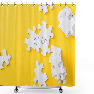 Personality  Top View Of White Stack Of Jigsaw Near Connected Puzzles Isolated On Yellow  Shower Curtains