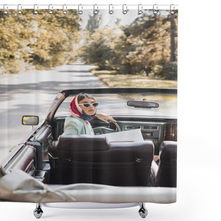 Personality  Stylish Woman With Map Sitting In Auto On Blurred Foreground On Road During Trip  Shower Curtains