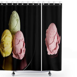 Personality  Collage Of Delicious Yellow, Pink And Green Ice Cream Balls On Plate Isolated On Black Shower Curtains