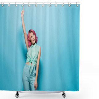 Personality  Young Woman With Pink Hair And Raised Hand On Blue Background Shower Curtains