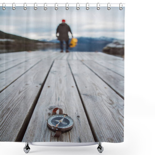 Personality  Old Compass On A Wooden Background With A Human Figure Shower Curtains