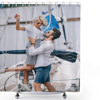 Personality  Beautiful Happy Young Couple Having Fun Together On Yacht Shower Curtains