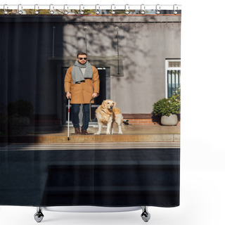 Personality  Blind Man With Guide Dog And Walking Stick Crossing Road At Street Shower Curtains